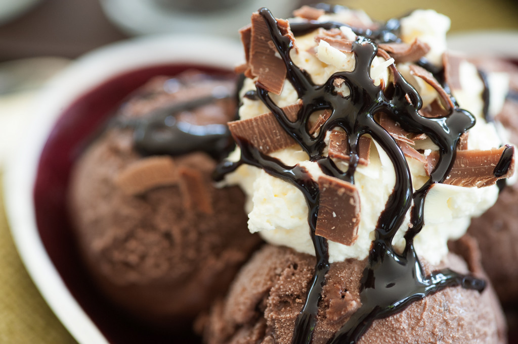 Chocolate ice cream in a bowl.